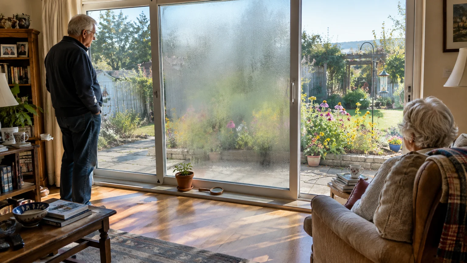 Older man and woman in a living room looking through sliding glass doors at a garden obscured by a misty middle pane.