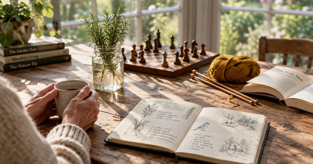 A wooden table with an illustrated journal, coffee mug held by hands, a chessboard, yarn with knitting needles, and books.