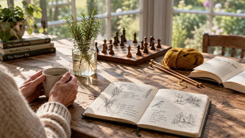 A wooden table with an illustrated journal, coffee mug held by hands, a chessboard, yarn with knitting needles, and books.