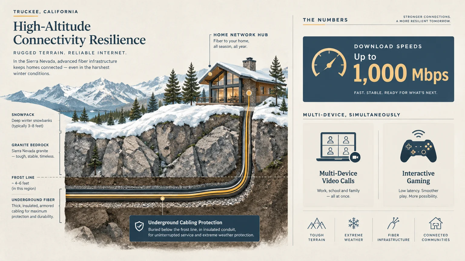 Infographic showing underground fiber cables beneath snowy rock layers leading to a cabin, highlighting 1,000 Mbps download speeds.