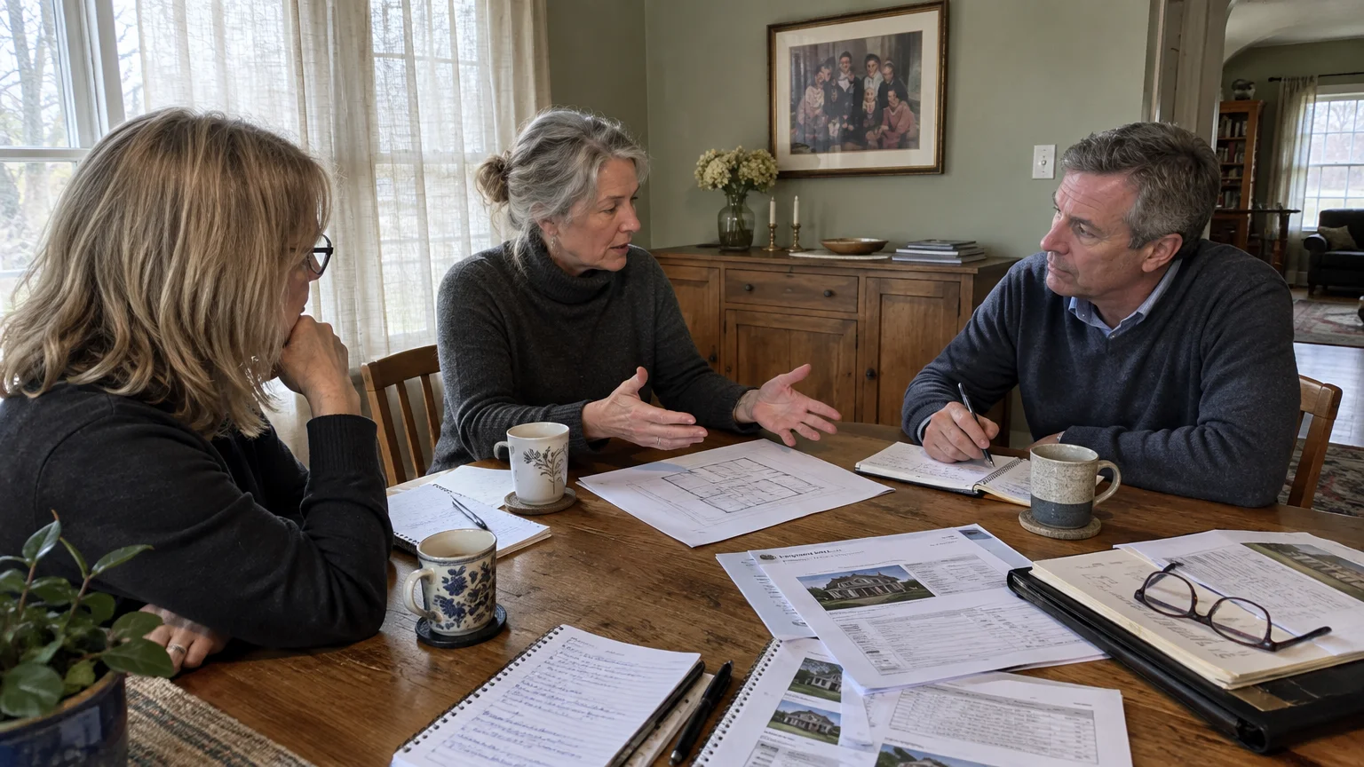 Three adults sit around a wooden dining table reviewing house blueprints, documents, and notes together.