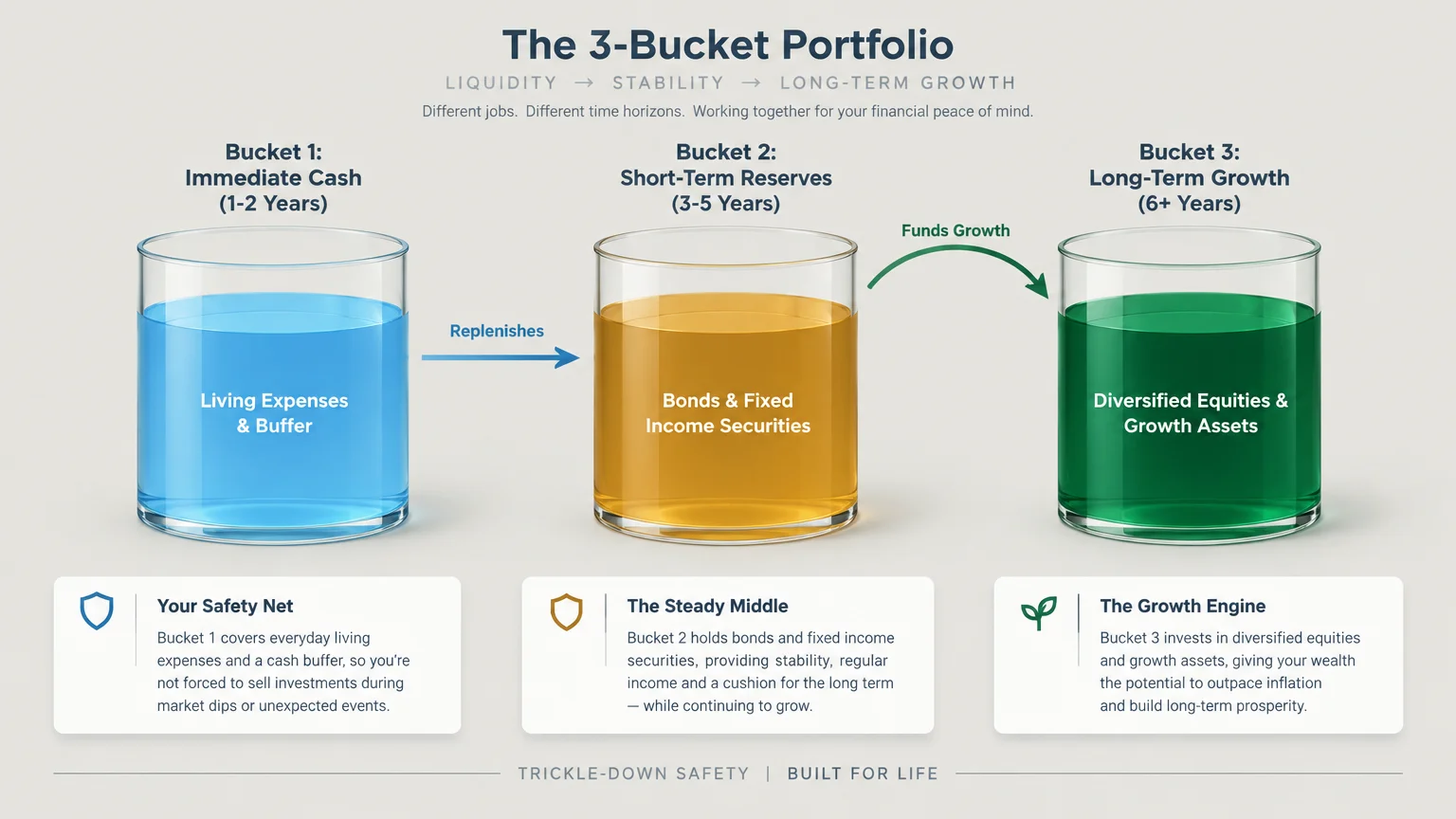 Diagram of three glass containers representing portfolio buckets for cash, fixed income, and equities.