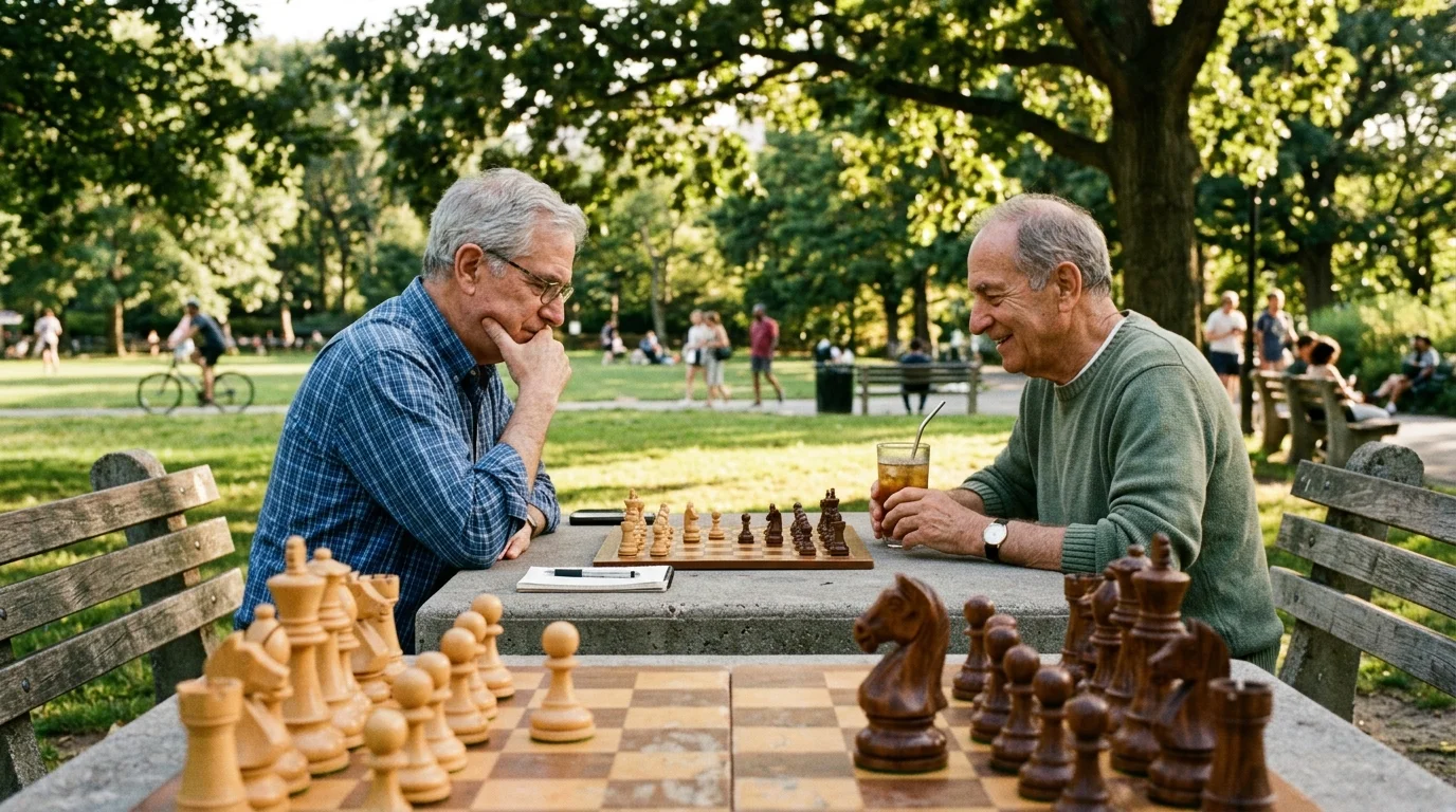 Two senior men playing chess outdoors at a concrete park table surrounded by green trees and lawn.