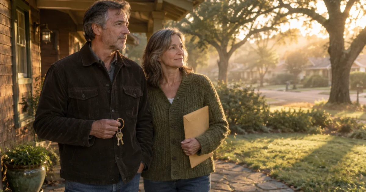A mature man holding keys and a woman holding a document envelope stand outside a house in golden morning light.