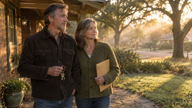 A mature man holding keys and a woman holding a document envelope stand outside a house in golden morning light.