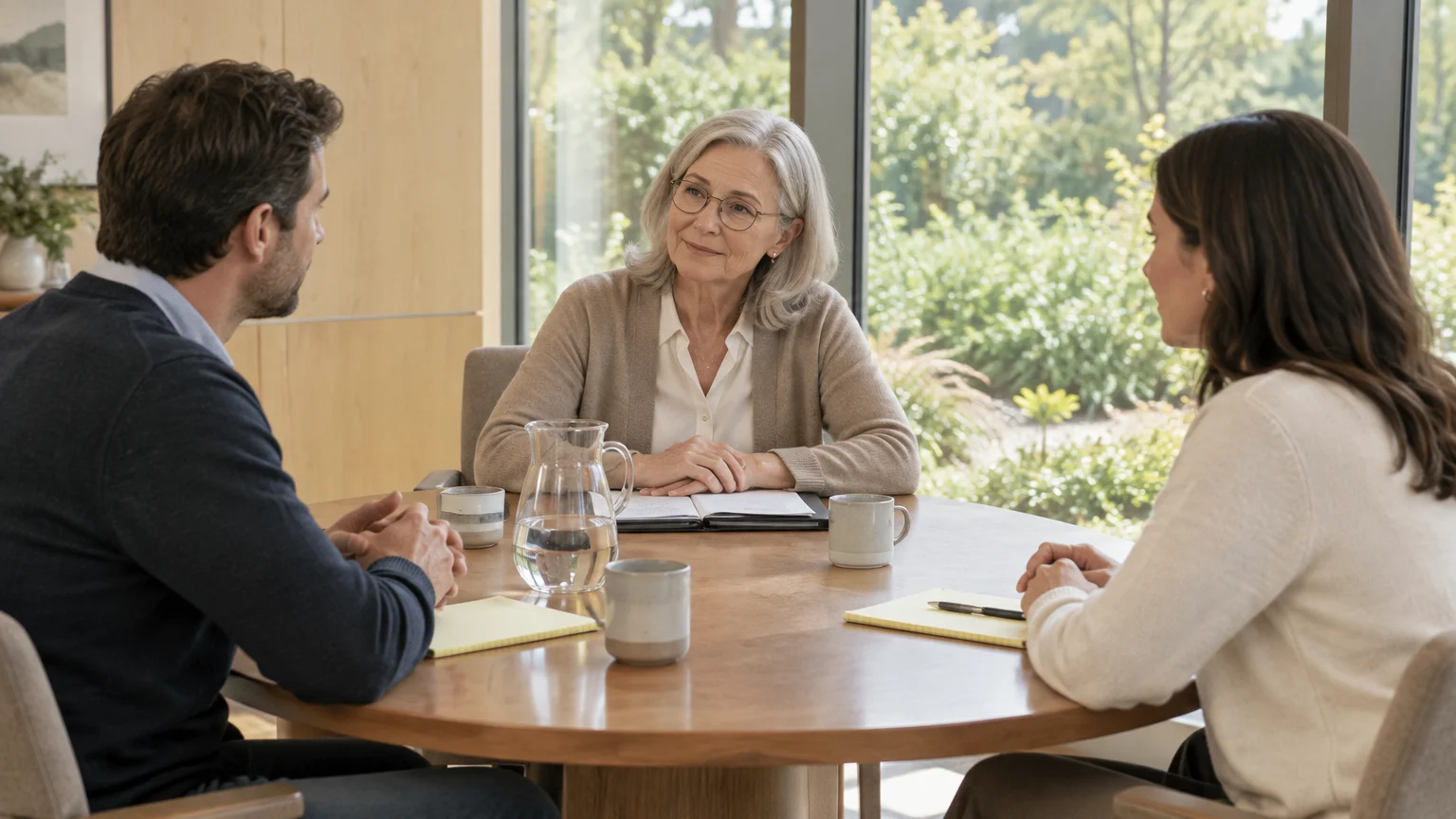 A mature woman in glasses sits at a round table listening to a man and woman during a meeting.