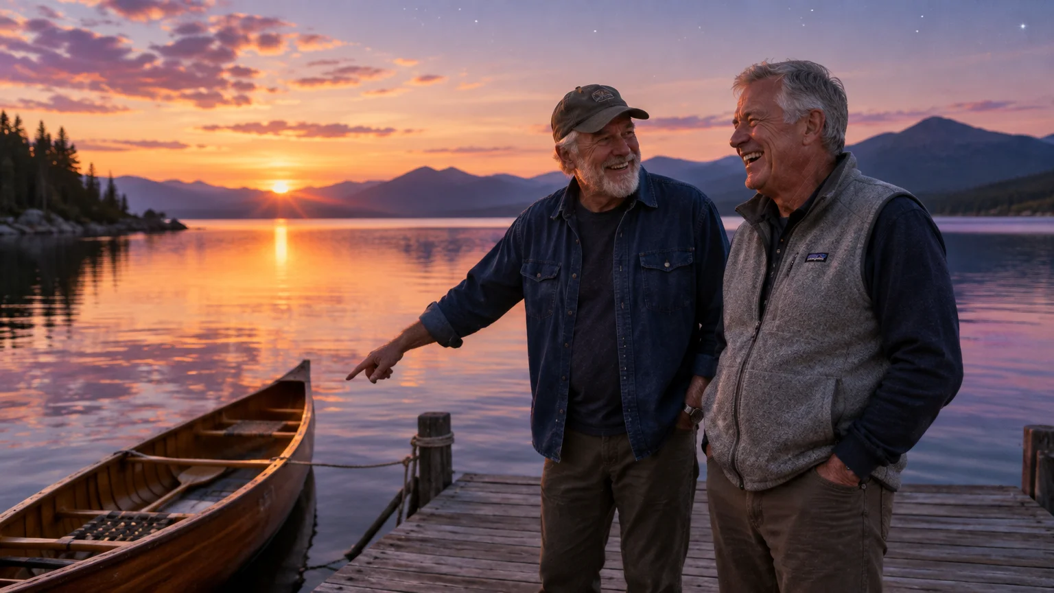 Two senior men laugh together on a wooden dock beside a canoe on a calm mountain lake at sunset.