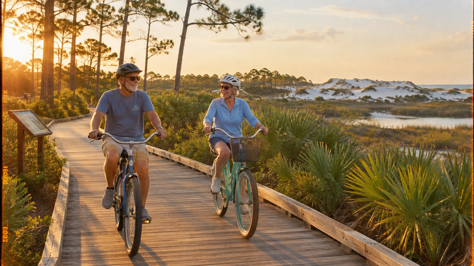 An older couple wearing helmets rides bicycles along a wooden boardwalk through coastal dunes and vegetation at sunset.