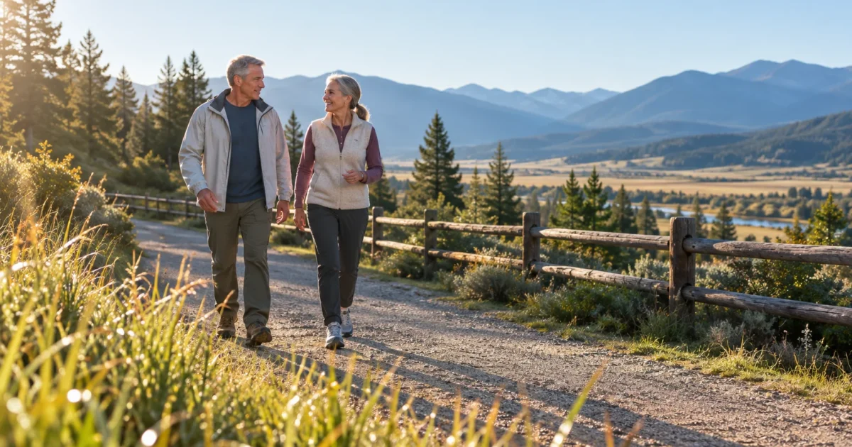 A smiling older couple walks along a sunny dirt path beside a wooden fence with scenic mountains in the background.