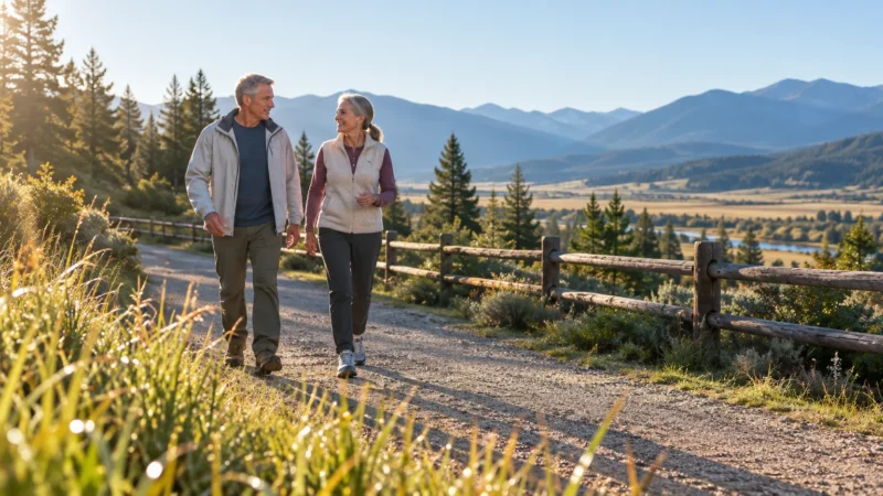 A smiling older couple walks along a sunny dirt path beside a wooden fence with scenic mountains in the background.