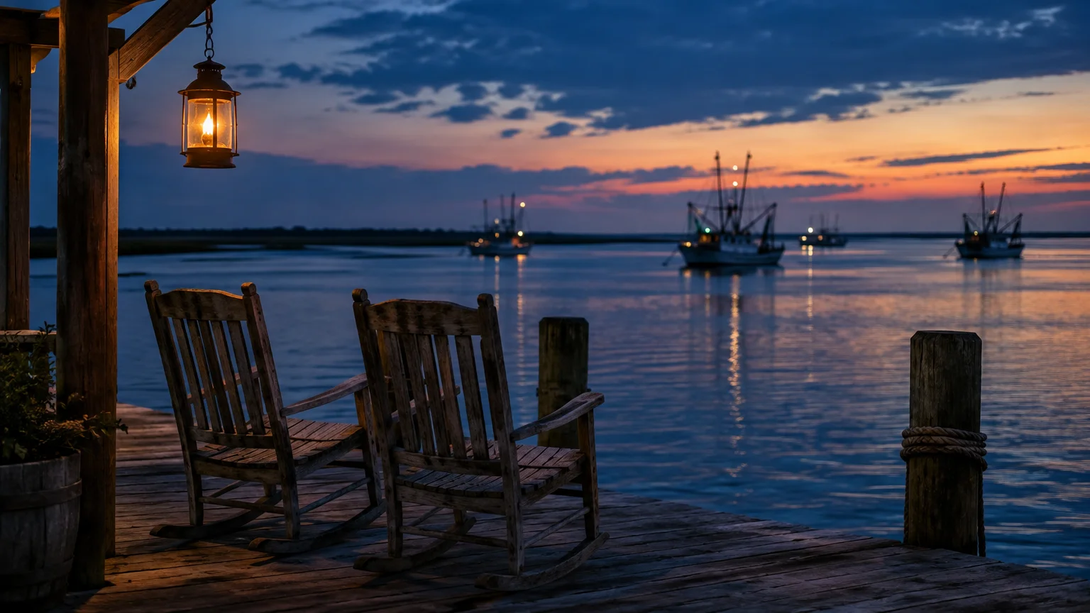 Two wooden rocking chairs on a dock with a lantern overlooking boats on calm water at dusk.