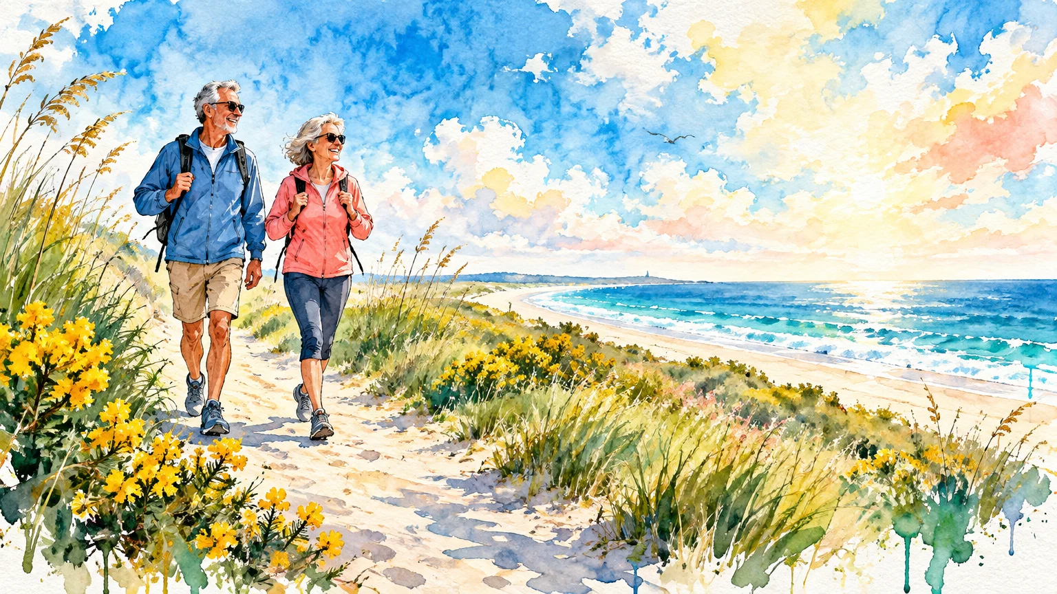 Watercolor illustration of an older couple hiking along a grassy coastal dune path beside a sunny beach.