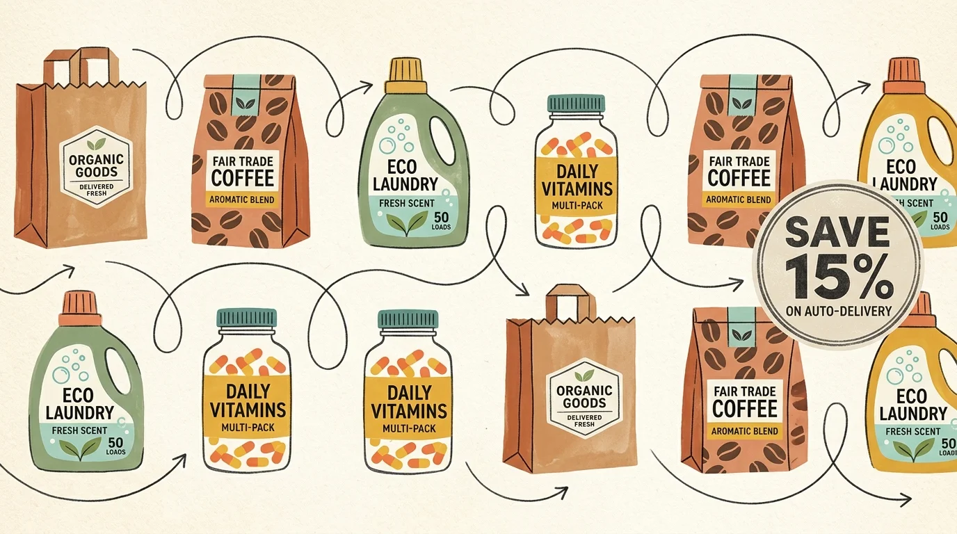 Illustration of groceries, coffee, vitamins, and laundry detergent along looped arrows with a Save 15% badge.