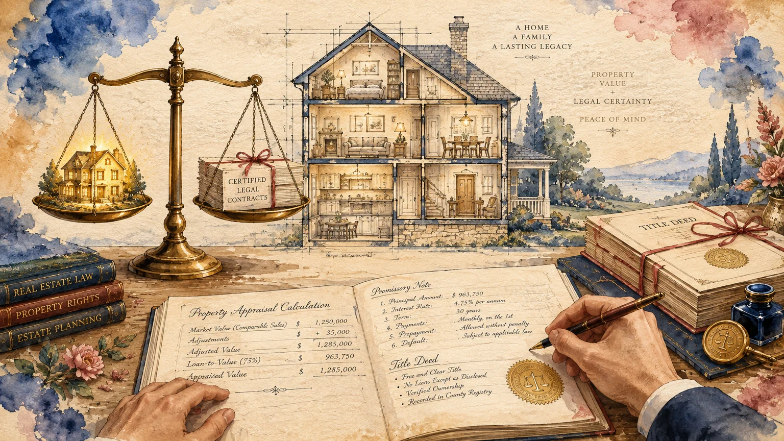 Illustration of hands writing an appraisal calculation beside a house cross-section, balance scale, and legal deeds.
