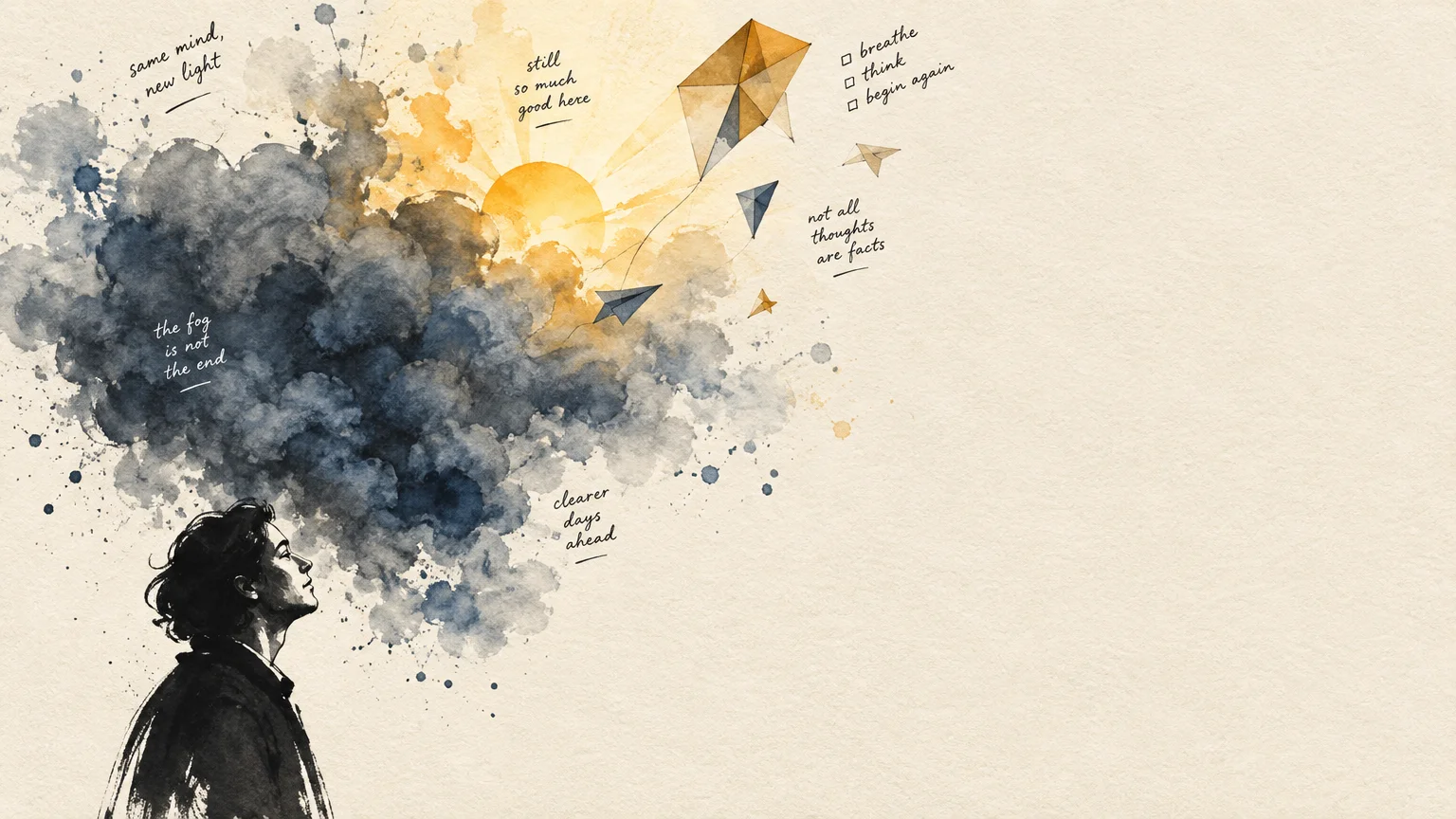 Watercolor illustration of a person gazing upward into dark clouds that part into a bright sun and flying kites.