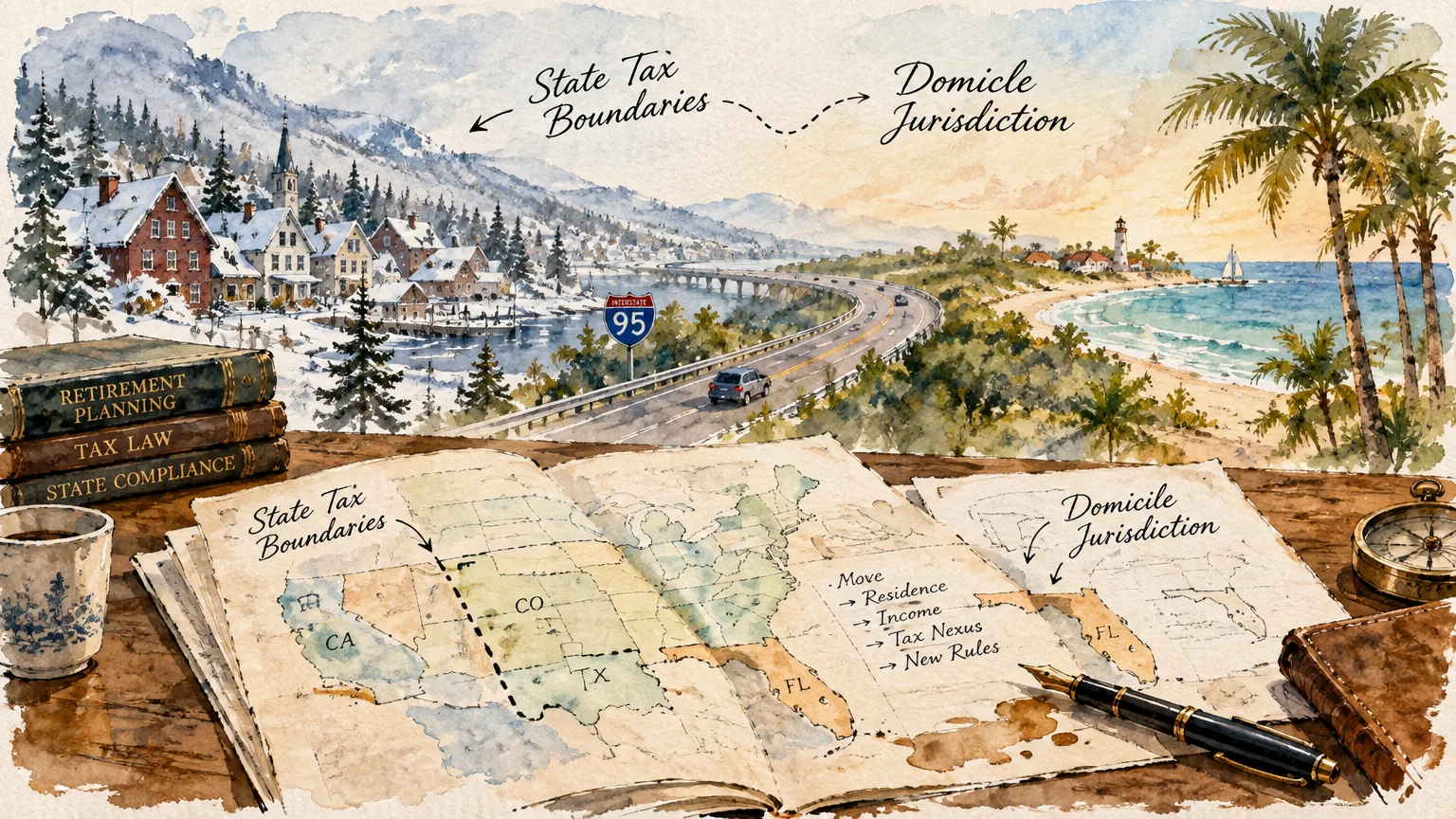 Watercolor illustration showing a snowy town transitioning via highway to a tropical coast above maps and legal books.