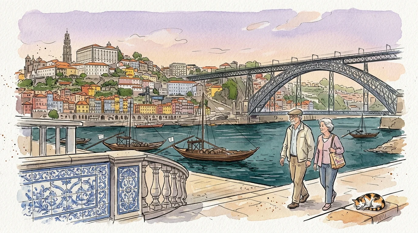 Watercolor illustration of a senior couple walking along the Douro River in Porto near the Dom Luís I Bridge.