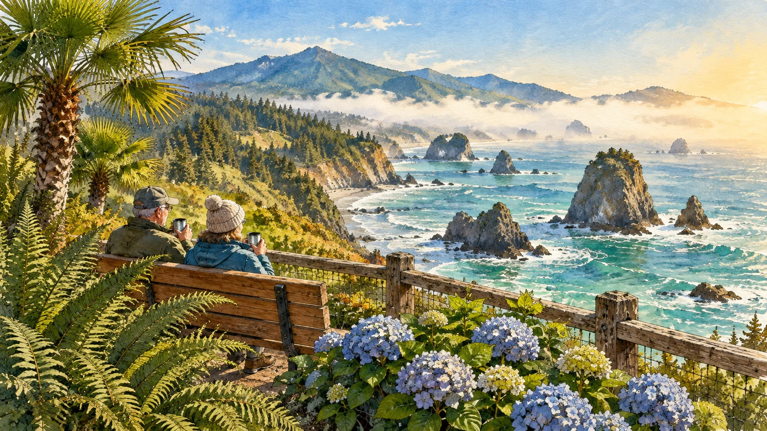 Couple sitting on a bench overlooking a rugged coastline with rocky sea stacks, blooming hydrangeas, and misty mountains.