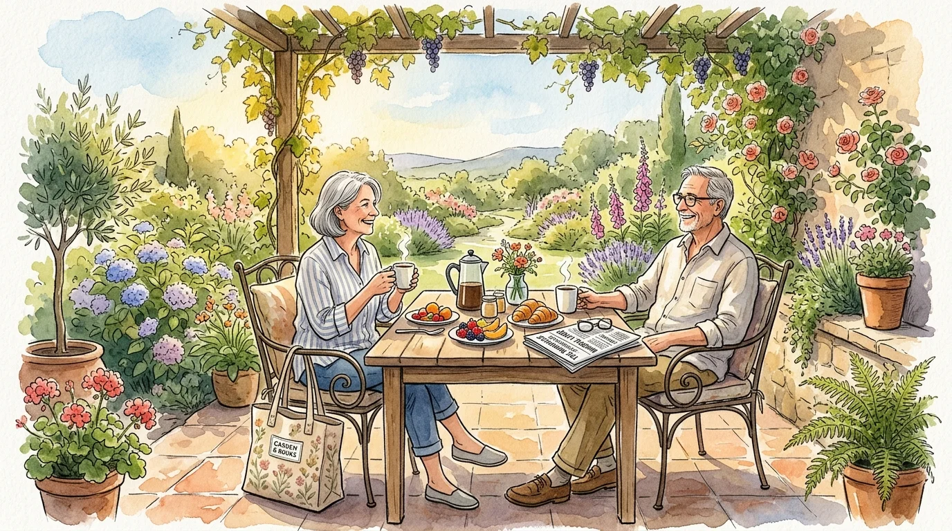 Watercolor illustration of an older couple enjoying coffee and breakfast on a sunny garden patio surrounded by flowers.