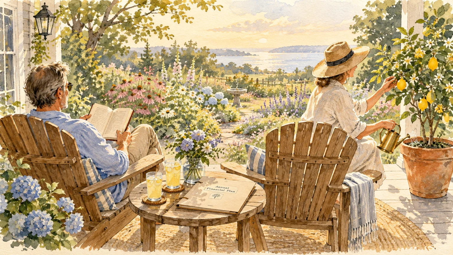 Watercolor of a couple on a garden patio with wooden chairs, flowers, drinks, a financial plan folder, and an ocean view.