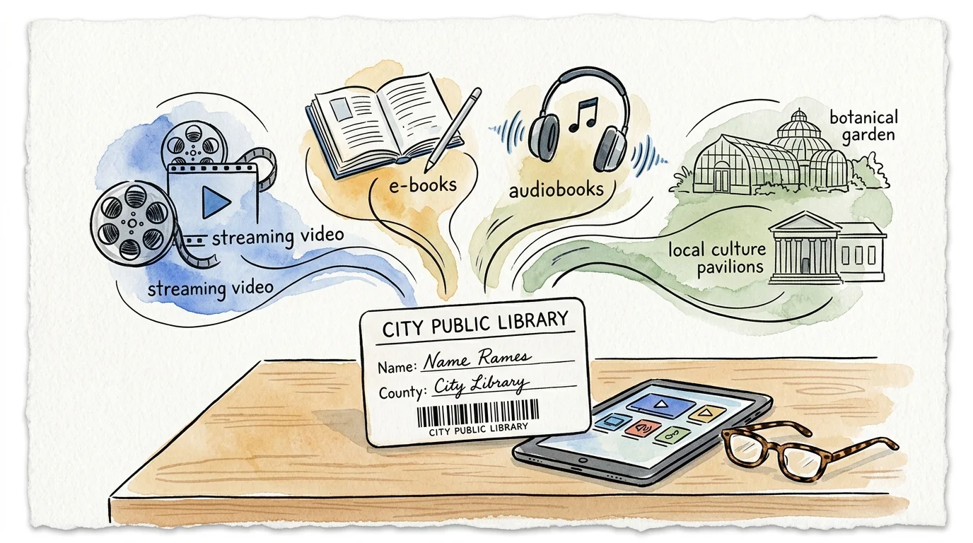 Illustration of a library card on a desk with icons floating above for streaming video, e-books, audiobooks, and culture.
