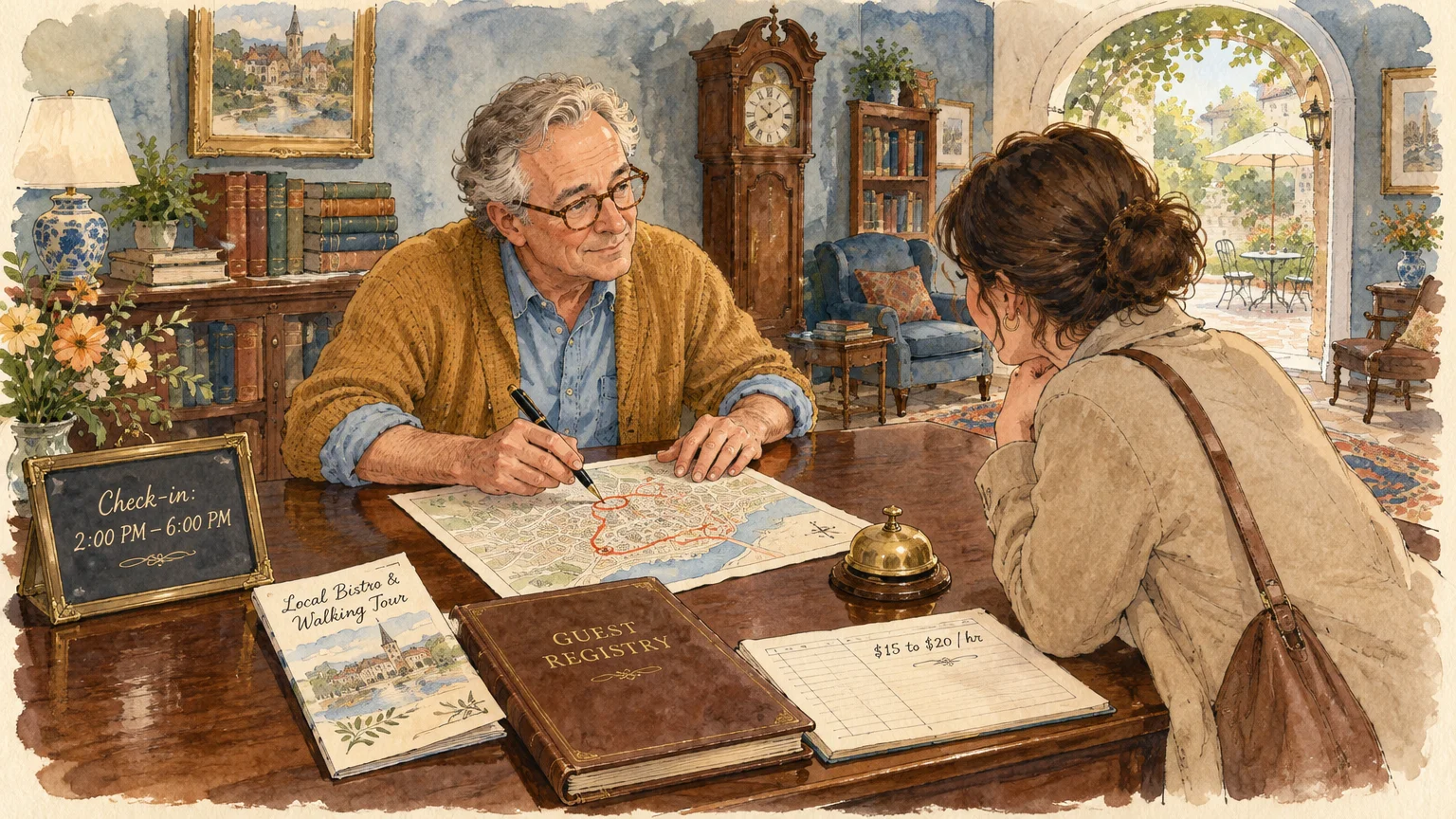 A senior male host shows a map to a female guest across a wooden reception desk in a cozy bed and breakfast parlor.