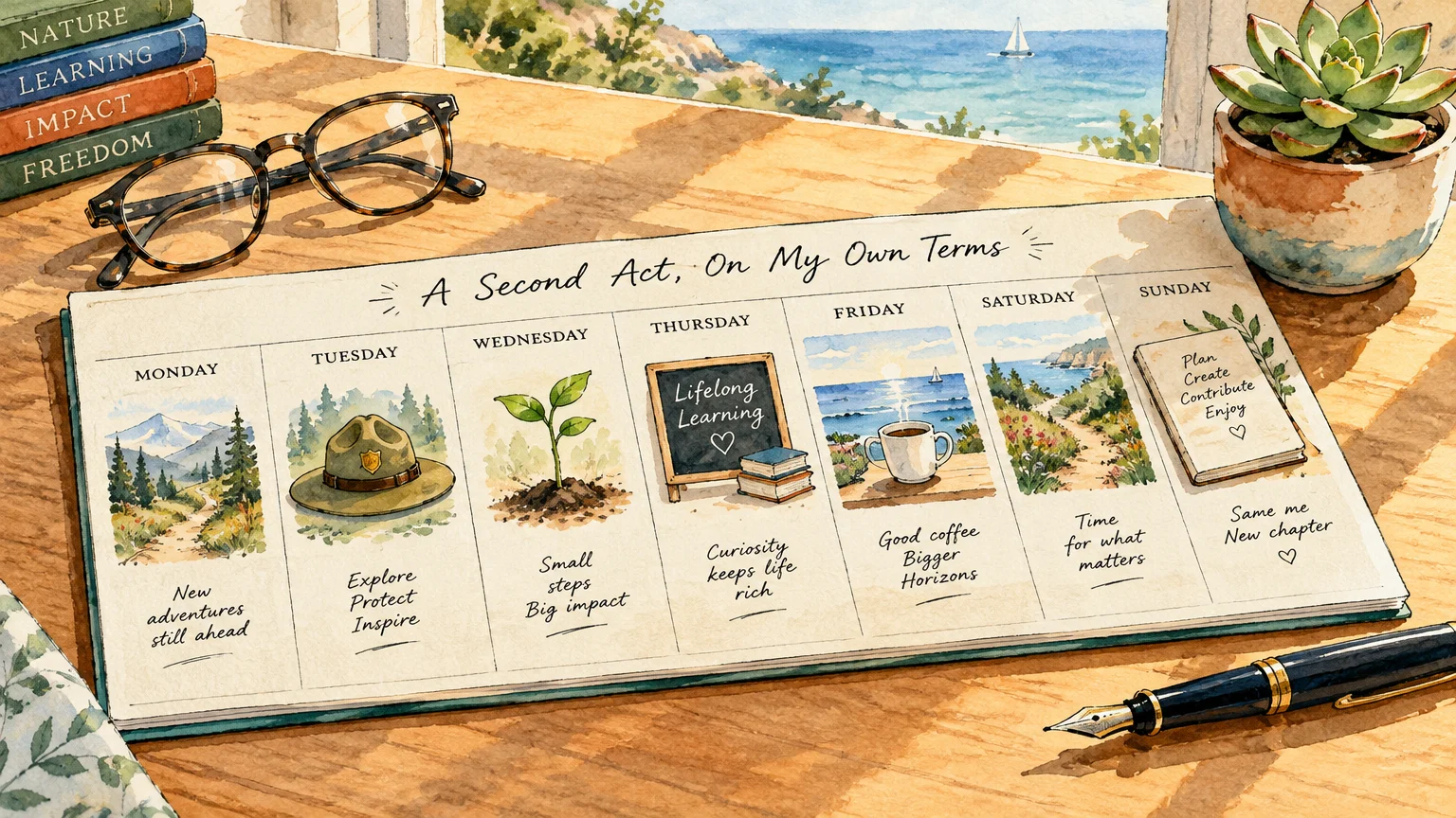 Watercolor weekly planner on a wooden desk beside eyeglasses, a fountain pen, and a window overlooking the ocean.