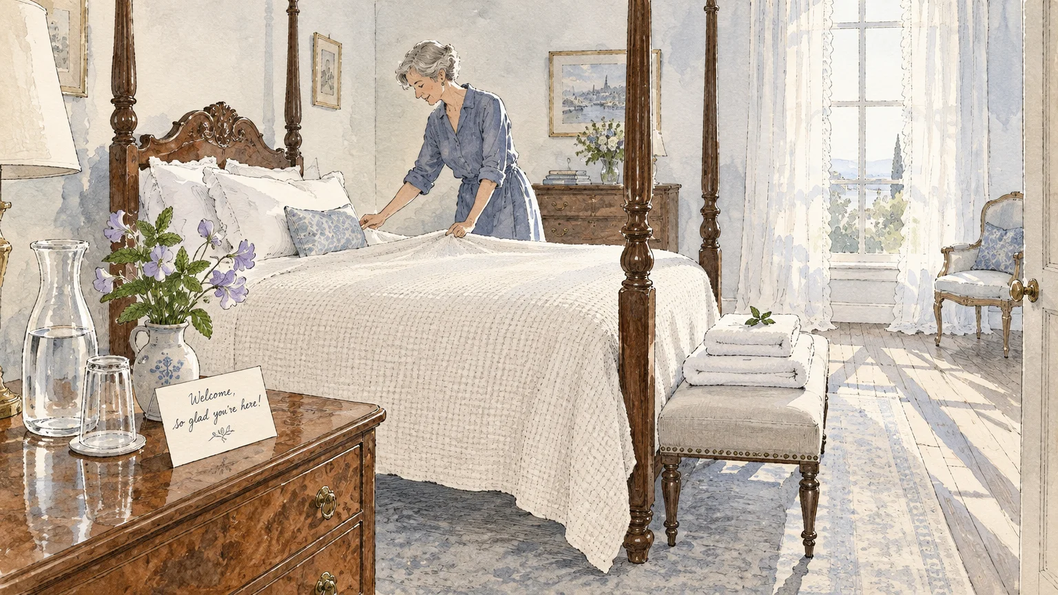 Watercolor illustration of a senior woman making a four-poster bed near a polished dresser with a welcome card.
