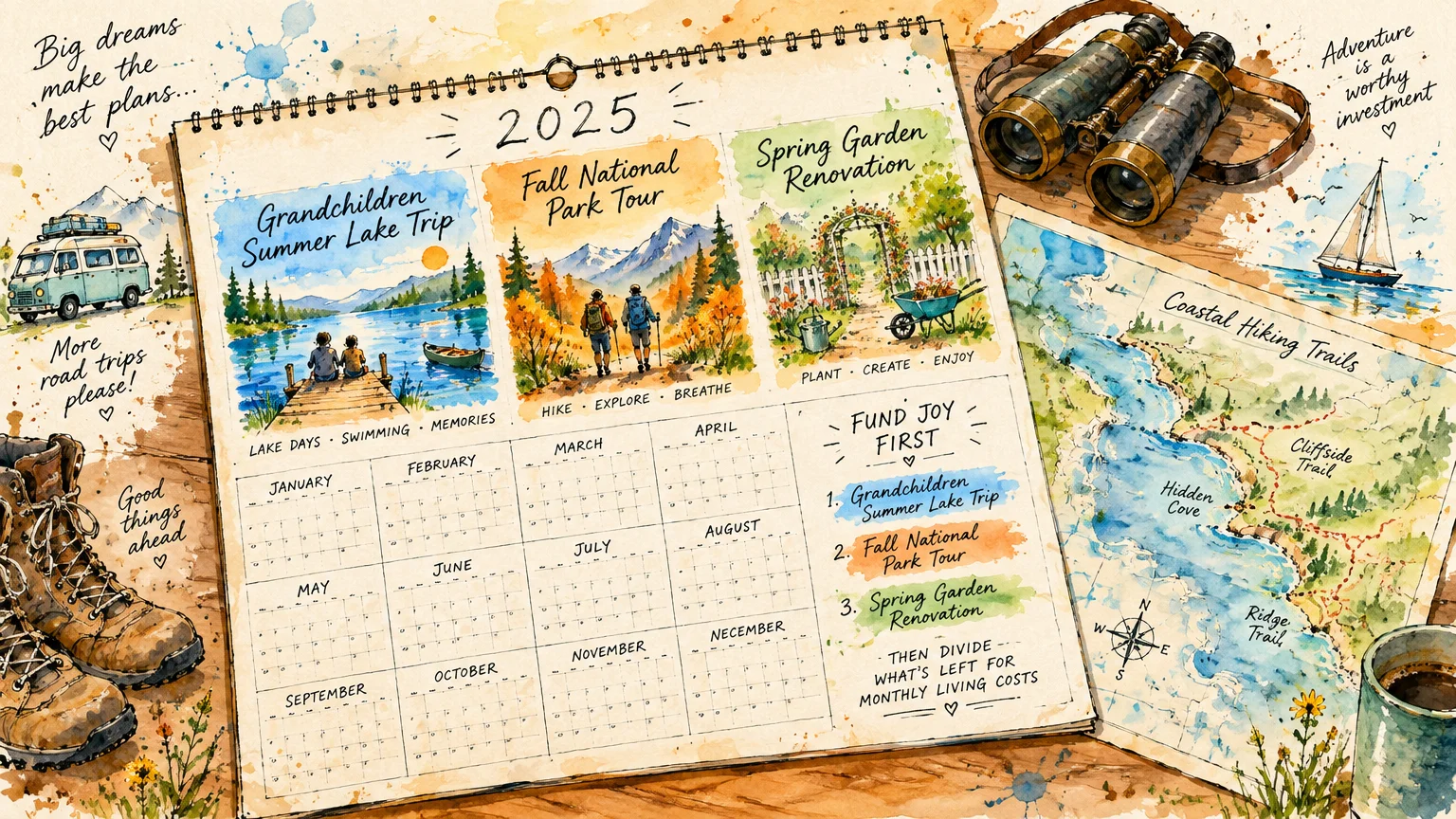 Watercolor illustration of a 2025 wall calendar planner surrounded by binoculars, hiking boots, and a coastal trail map.