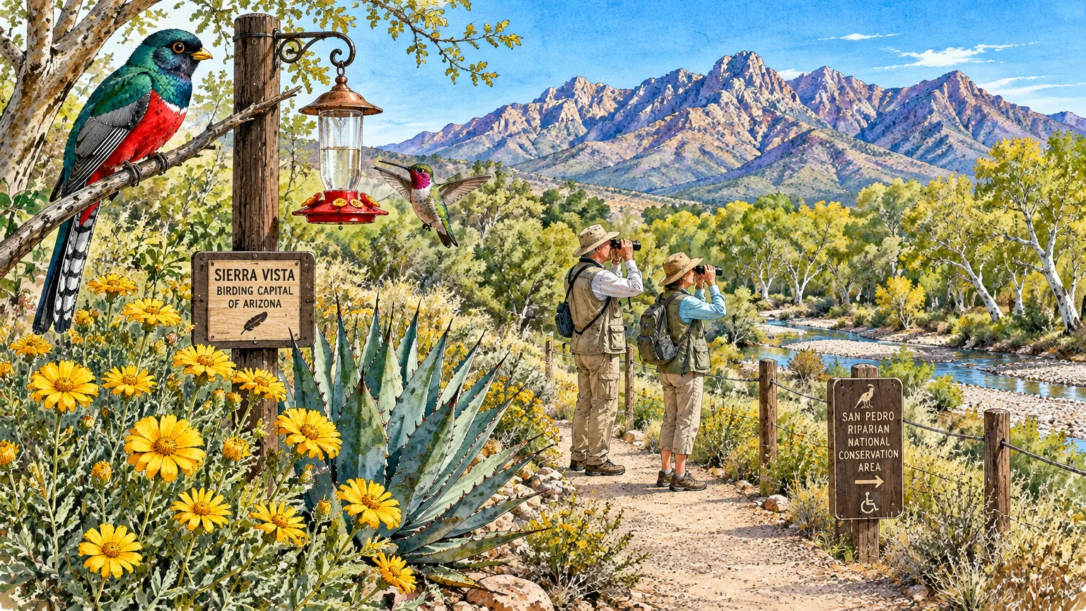 Illustration of birdwatchers on a sunny trail near mountains, with colorful birds perched by a feeder and wildflowers.