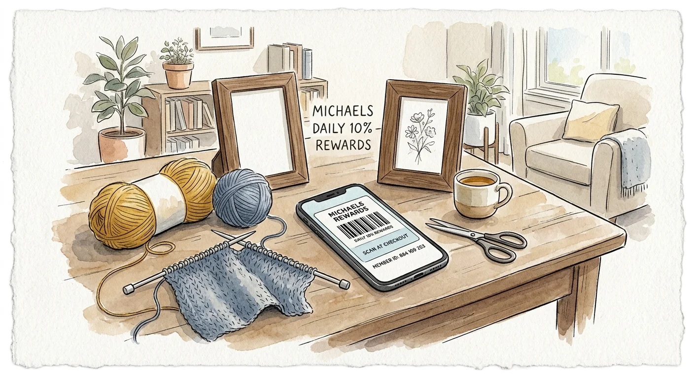 Watercolor illustration of craft supplies, picture frames, and a smartphone showing a Michaels Rewards barcode on a table.