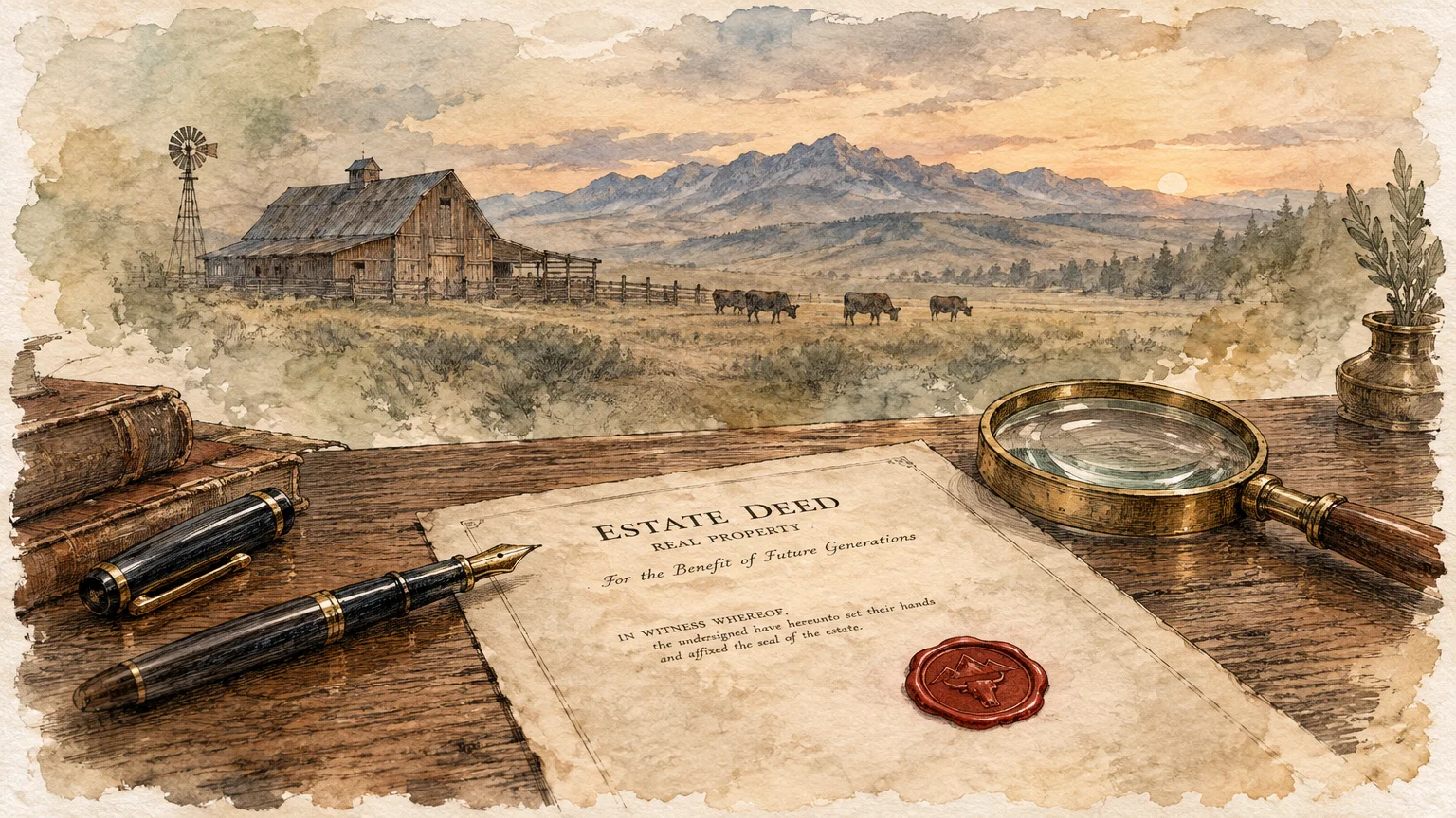 Watercolor illustration of an estate deed, fountain pen, and magnifying glass overlooking a rural barn and mountain range.