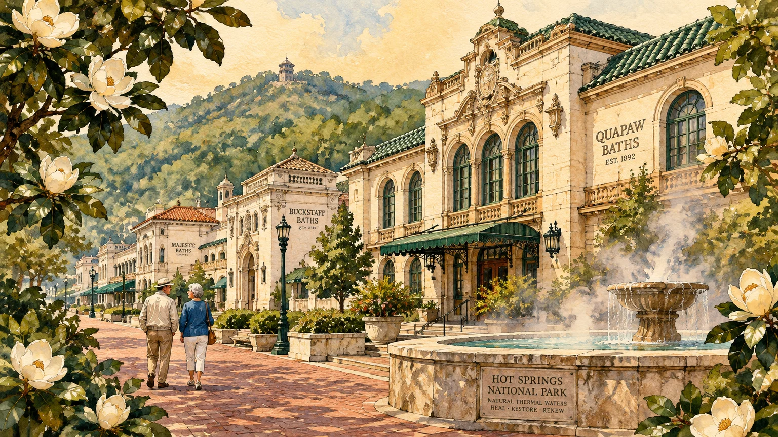 Watercolor illustration of historic bathhouses along a brick promenade with a steaming fountain, magnolia blossoms, and hills.