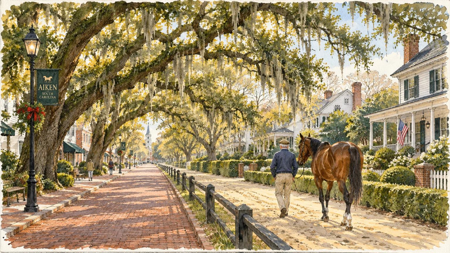 Watercolor illustration of a man walking a brown horse down a tree-lined dirt path beside a brick street in Aiken.