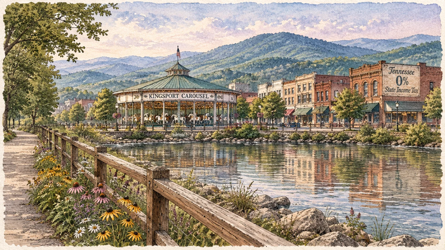 Watercolor illustration of a riverside path leading past the Kingsport Carousel and storefronts against Appalachian mountains.
