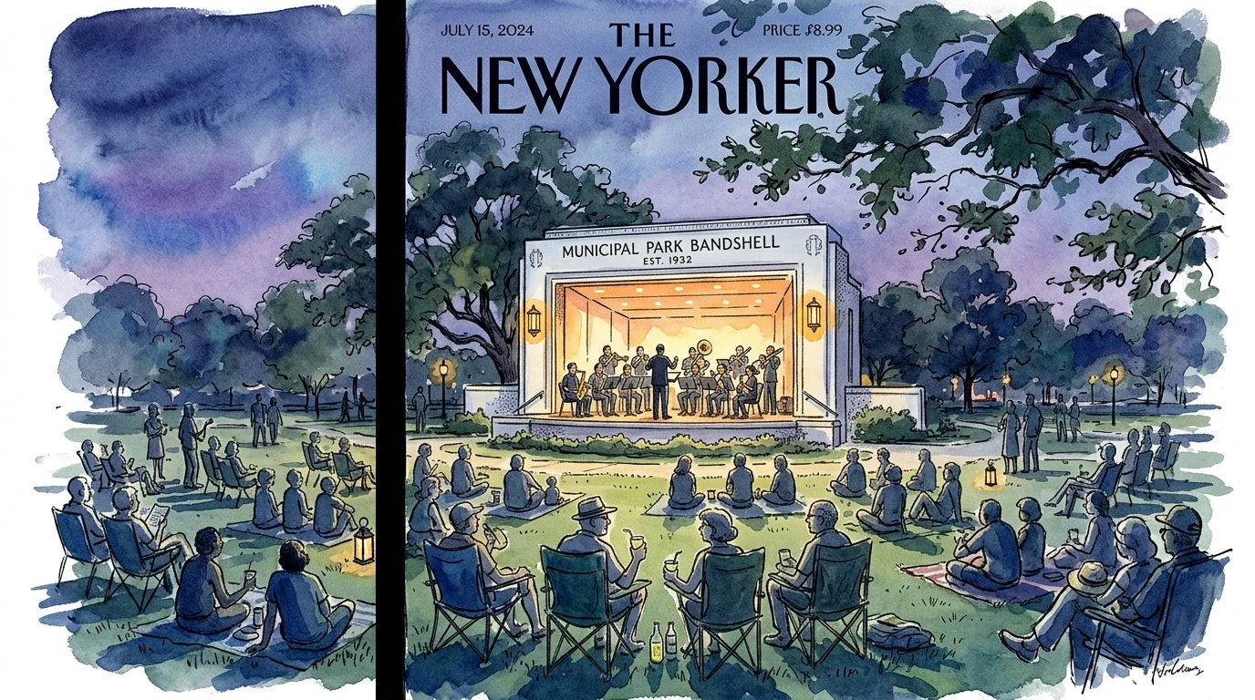 Illustration of people sitting on lawn chairs and blankets watching an orchestra perform inside an outdoor park bandshell.