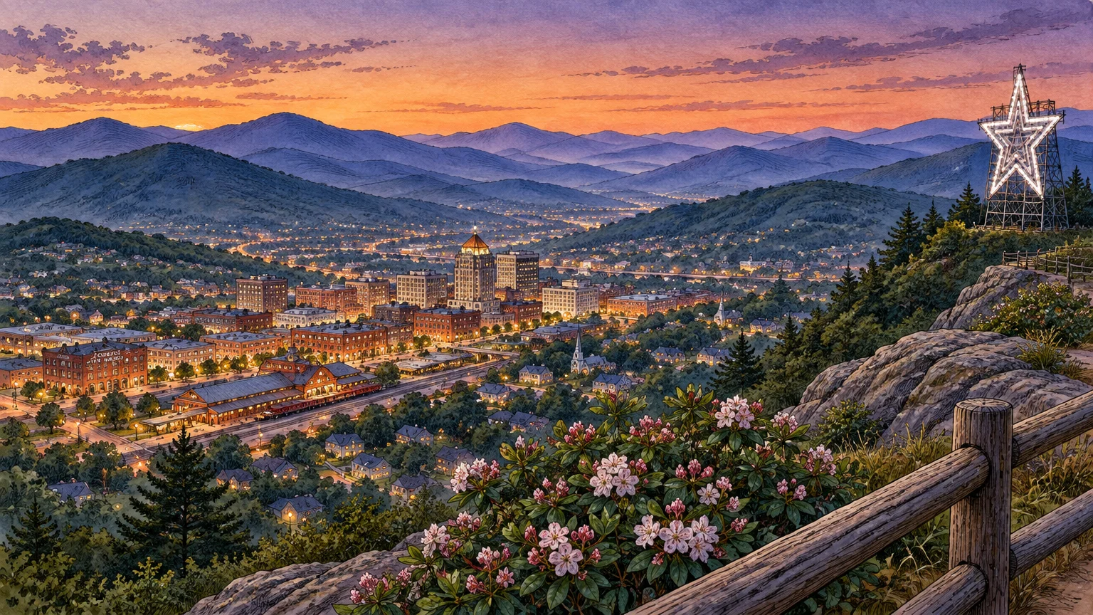 Illustration of an illuminated city valley at sunset with mountains in the background and a large lighted star on a hill.