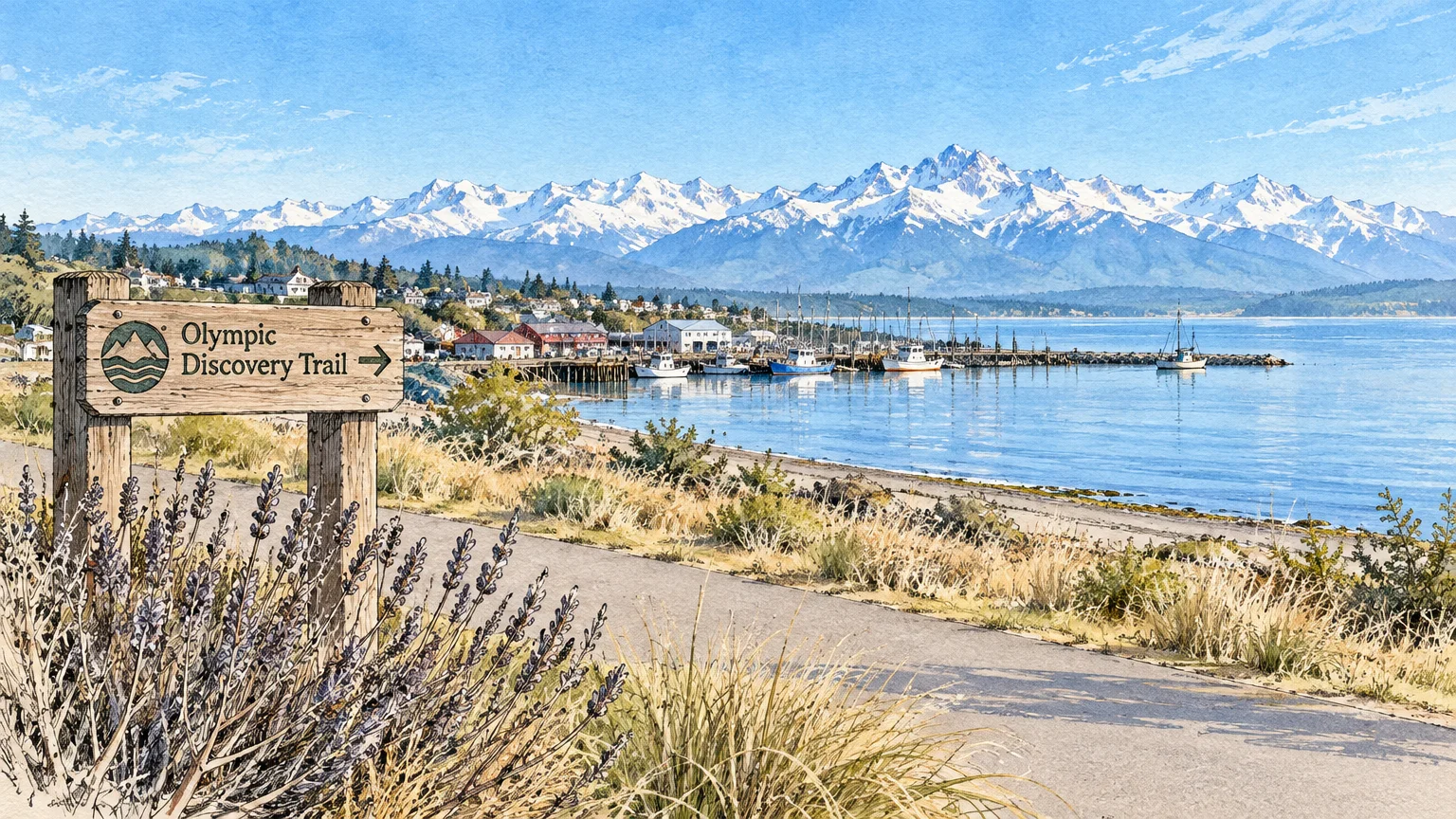 Illustration of an Olympic Discovery Trail sign by a coastal path overlooking a harbor and snow-capped mountains.