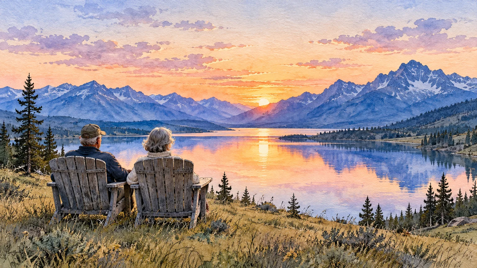 Watercolor illustration of an older couple in wooden chairs looking at a lake and mountains during a colorful sunset.