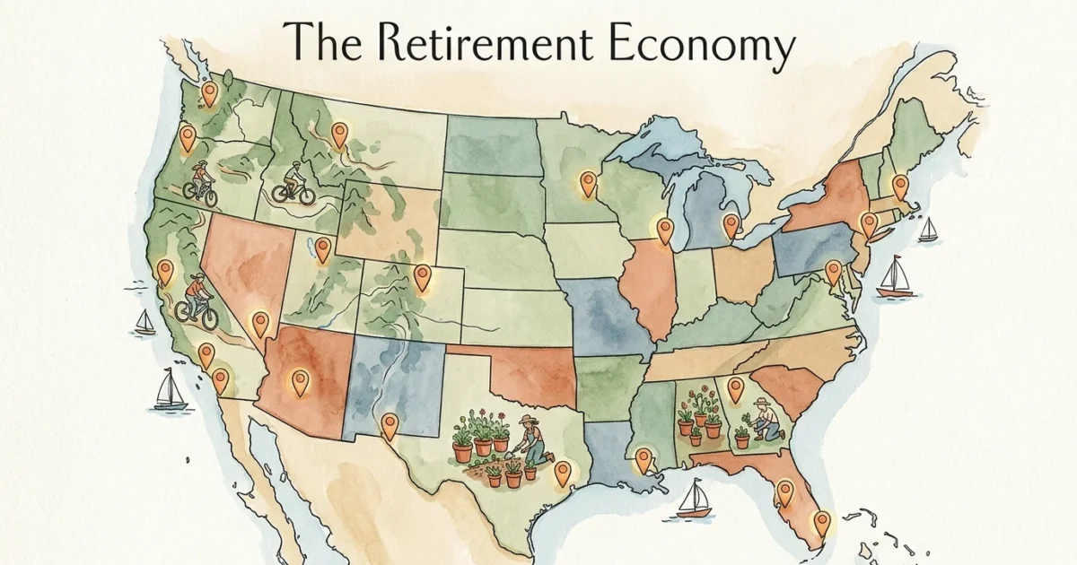 Watercolor map of the US with miniature illustrations of active retirees sailing, hiking, and gardening.