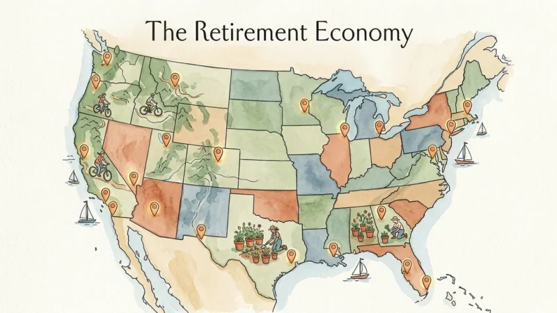 Watercolor map of the US with miniature illustrations of active retirees sailing, hiking, and gardening.