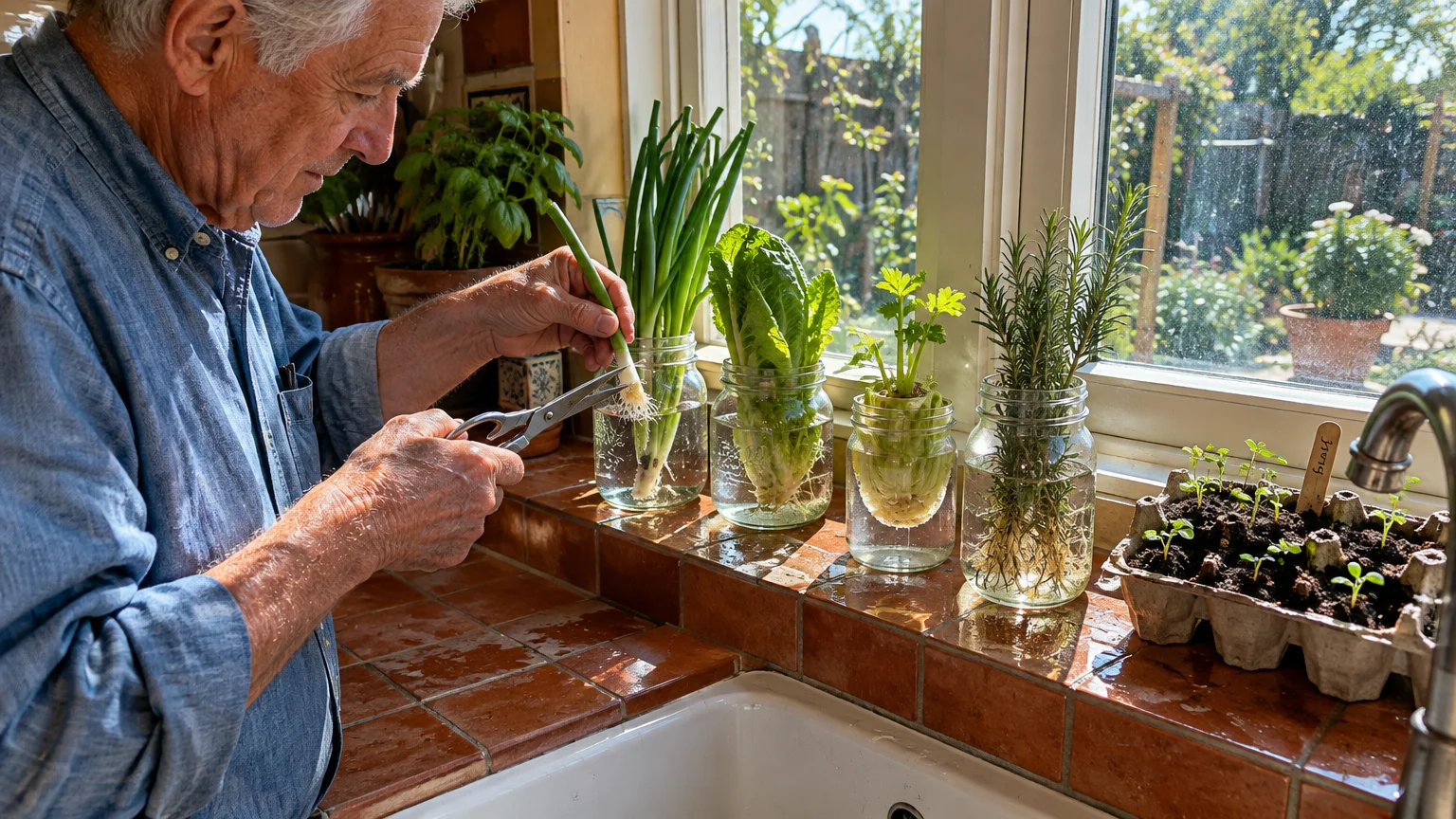 Older man trimming green onion roots near glass jars of propagating vegetables on a sunny kitchen windowsill.