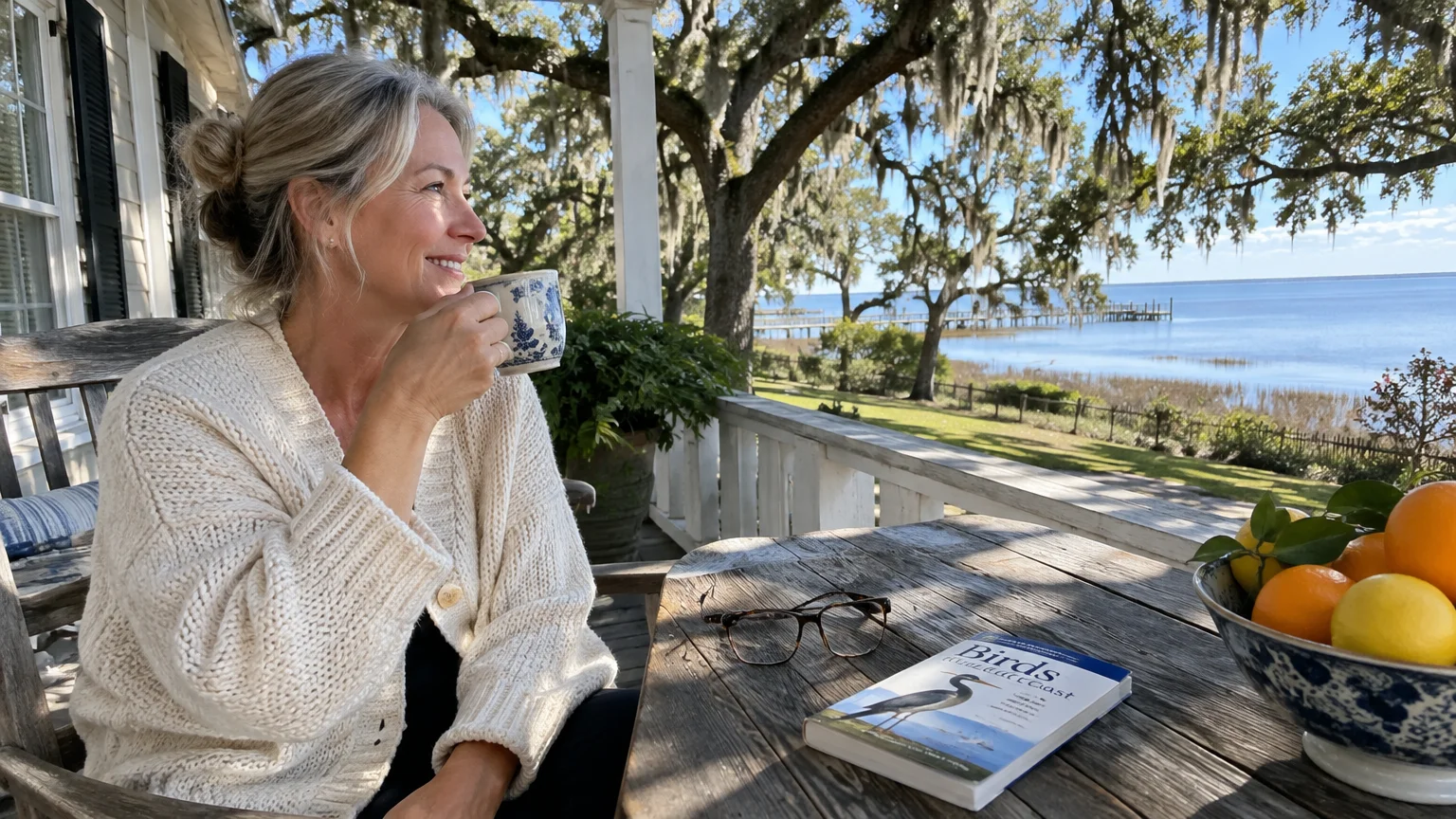 A smiling woman drinks from a mug on a porch overlooking a calm bay flanked by live oaks draped in Spanish moss.
