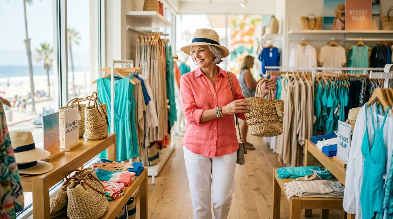 Smiling woman wearing a straw hat and pink shirt browsing woven bags and clothing inside a seaside boutique.