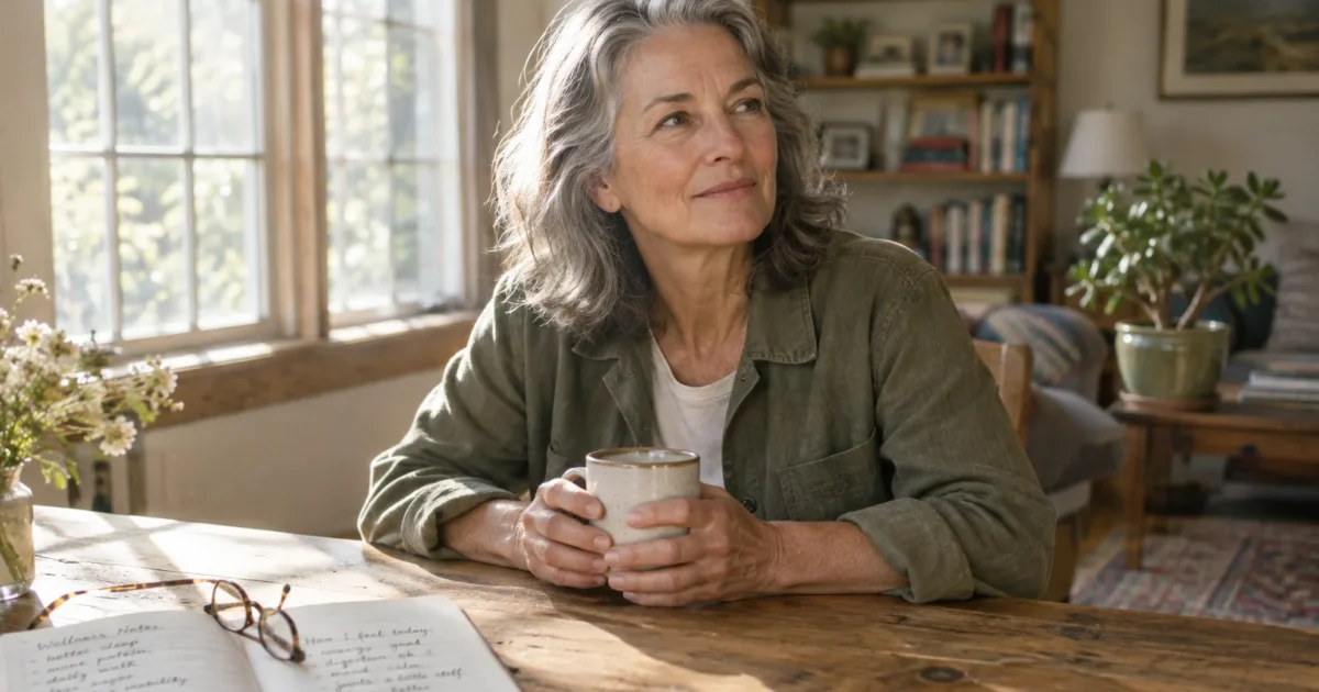 A grey-haired woman sitting at a sunlit wooden table, holding a mug beside an open wellness journal and eyeglasses.