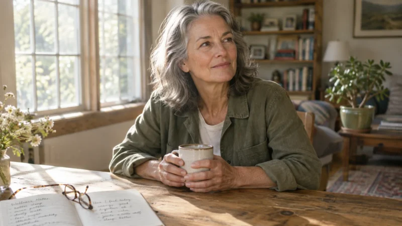 A grey-haired woman sitting at a sunlit wooden table, holding a mug beside an open wellness journal and eyeglasses.