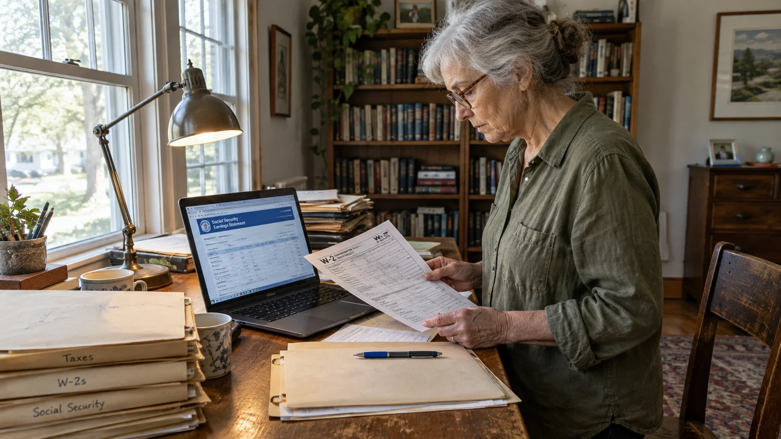 A senior woman reviews tax documents beside a laptop displaying a Social Security earnings statement on a wooden desk.