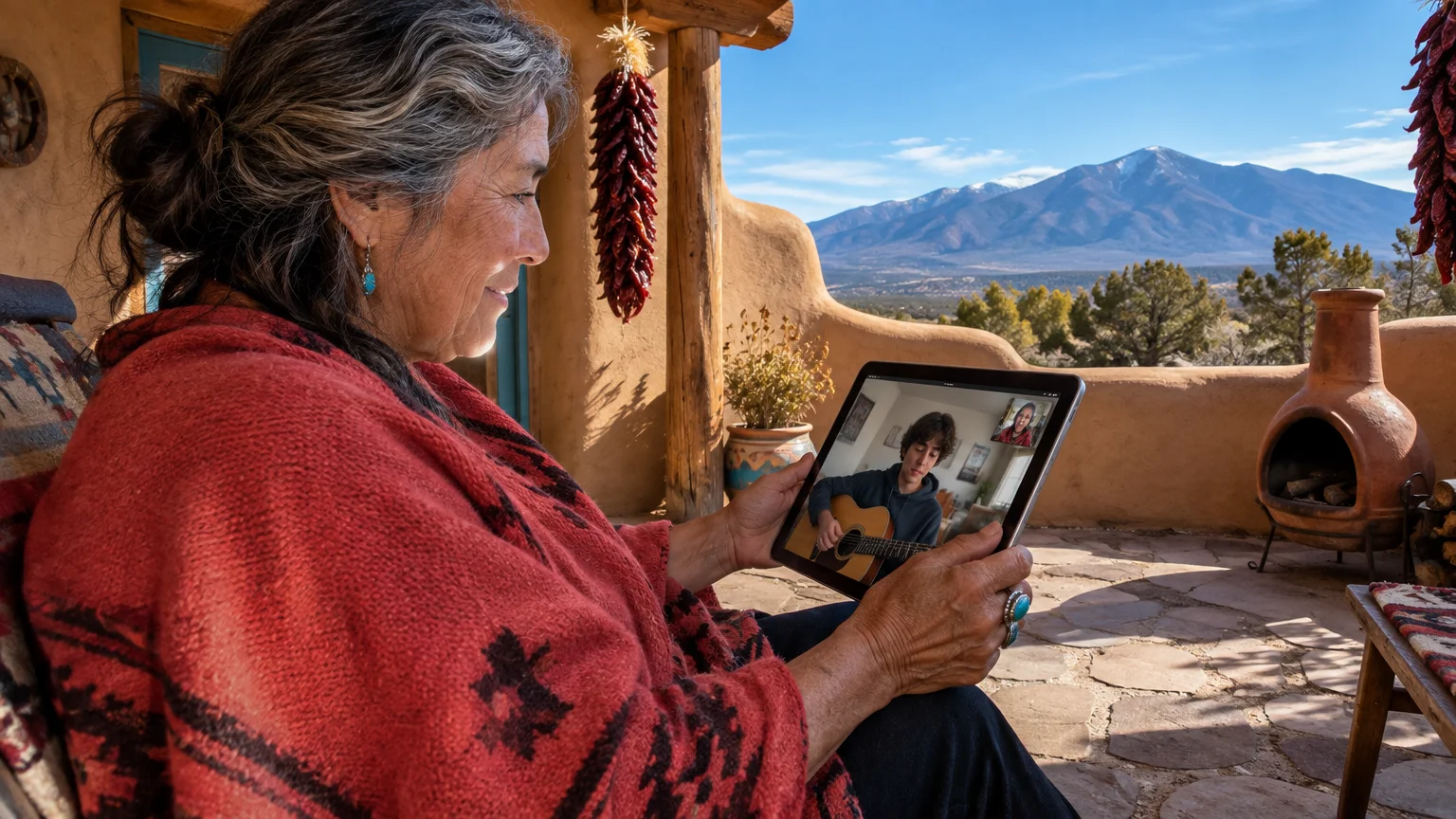 A woman on an adobe patio video-chats on a tablet with a young man playing an acoustic guitar, mountains behind.