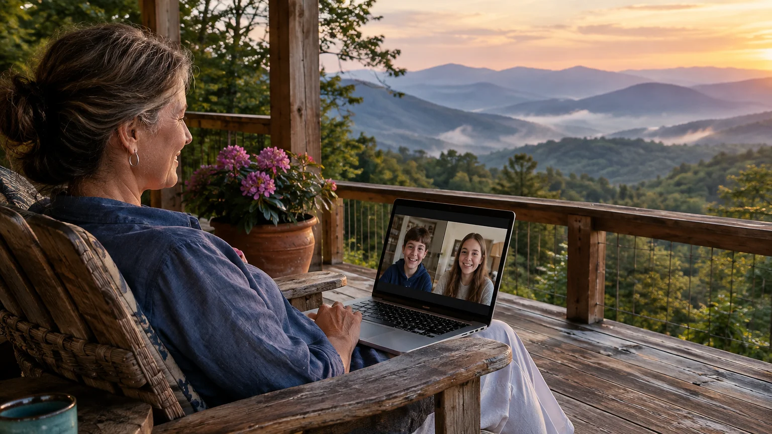 A woman on a wooden porch video calls two children on her laptop overlooking mist-covered mountains at sunrise.