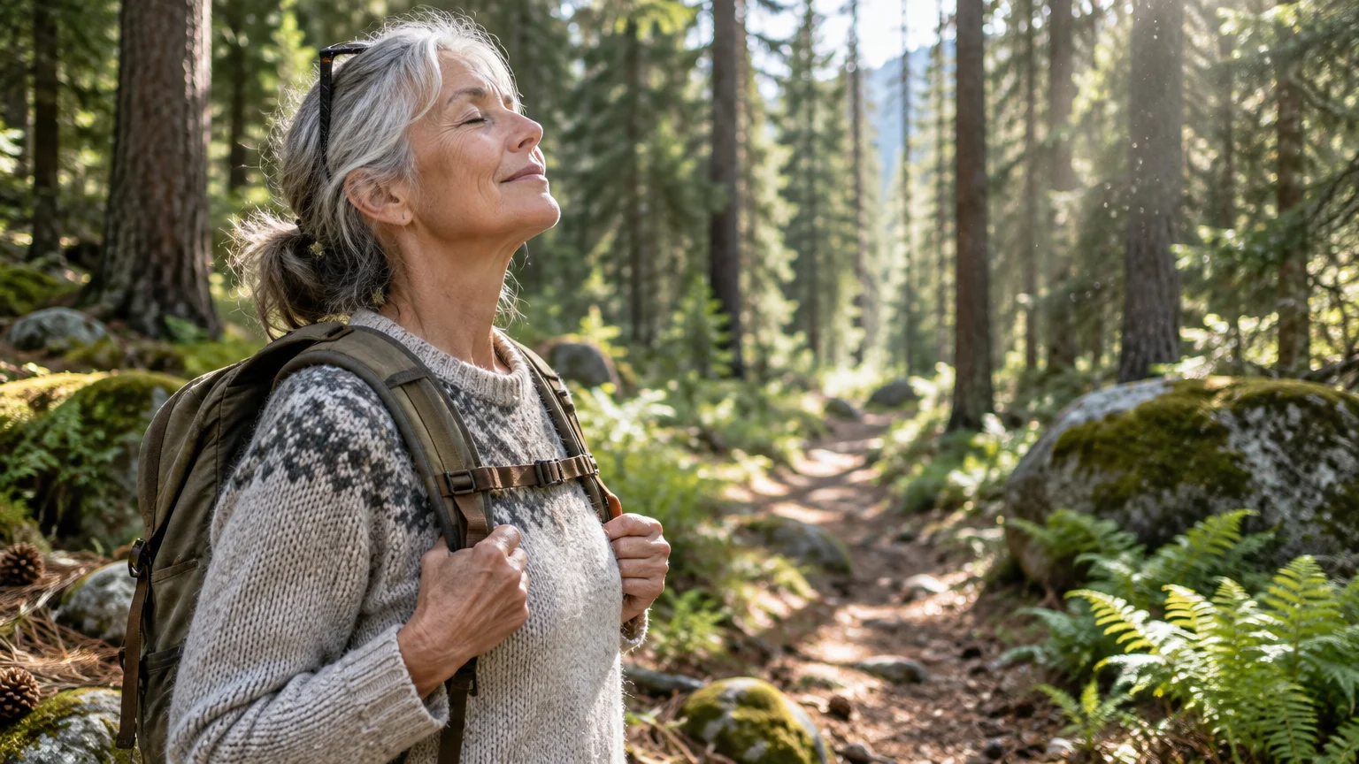 Smiling older woman with gray hair wearing a knit sweater and backpack, inhaling deeply on a sunlit forest trail.